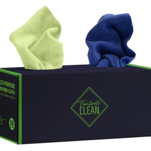 50 Pack Microfiber Rag in a Box with 2 Holes (Navy Blue and Light Green)
