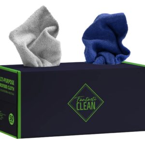 50 Pack Microfiber Rag in a Box with 2 Holes (Navy Blue and Grey)